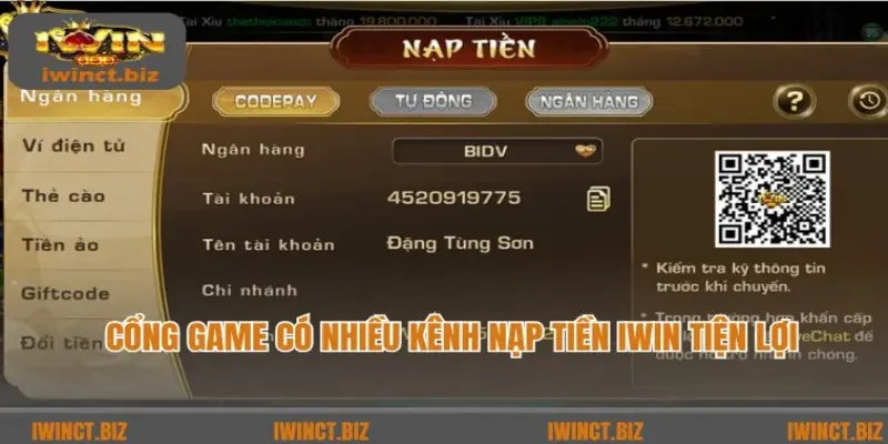 Cổng game có nhiều kênh nạp tiền iWin tiện lợi